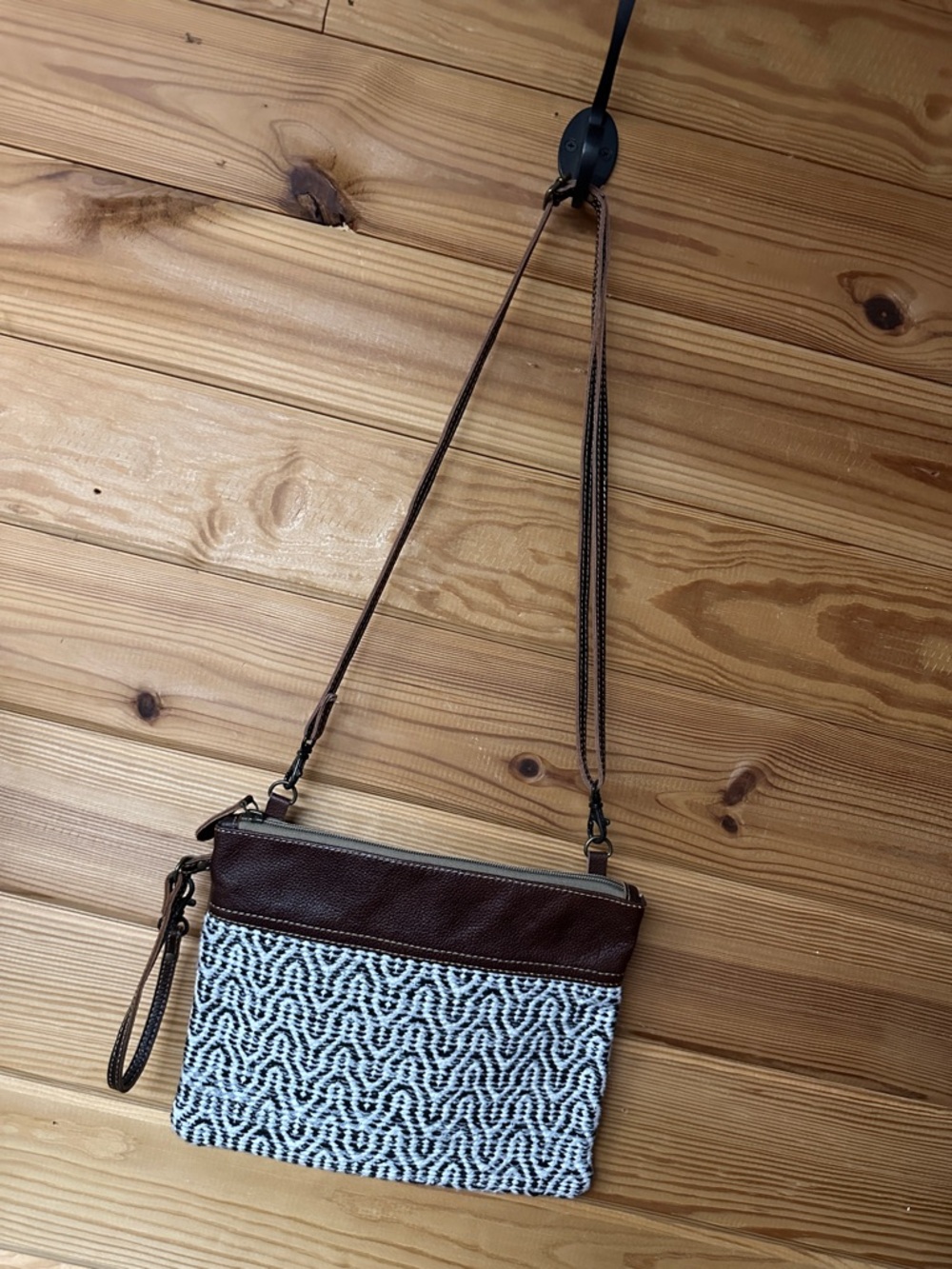 Myra Bag Woven Pattern Crossbody Bag Black & White with Brown Leather Trim